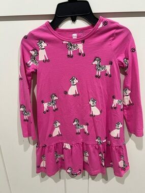 Tea Collection Pink Poodle Print Long Sleeve Ruffle Hem Dress